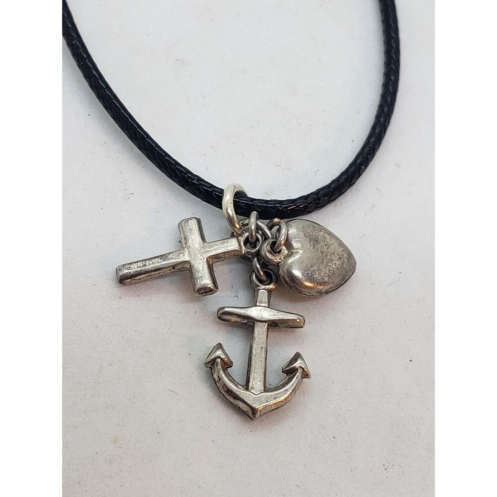 VTG Sterling Silver 925 Cross Anchor Heart Charm Necklace Faith Hope Love Navy - Picture 2 of 8
